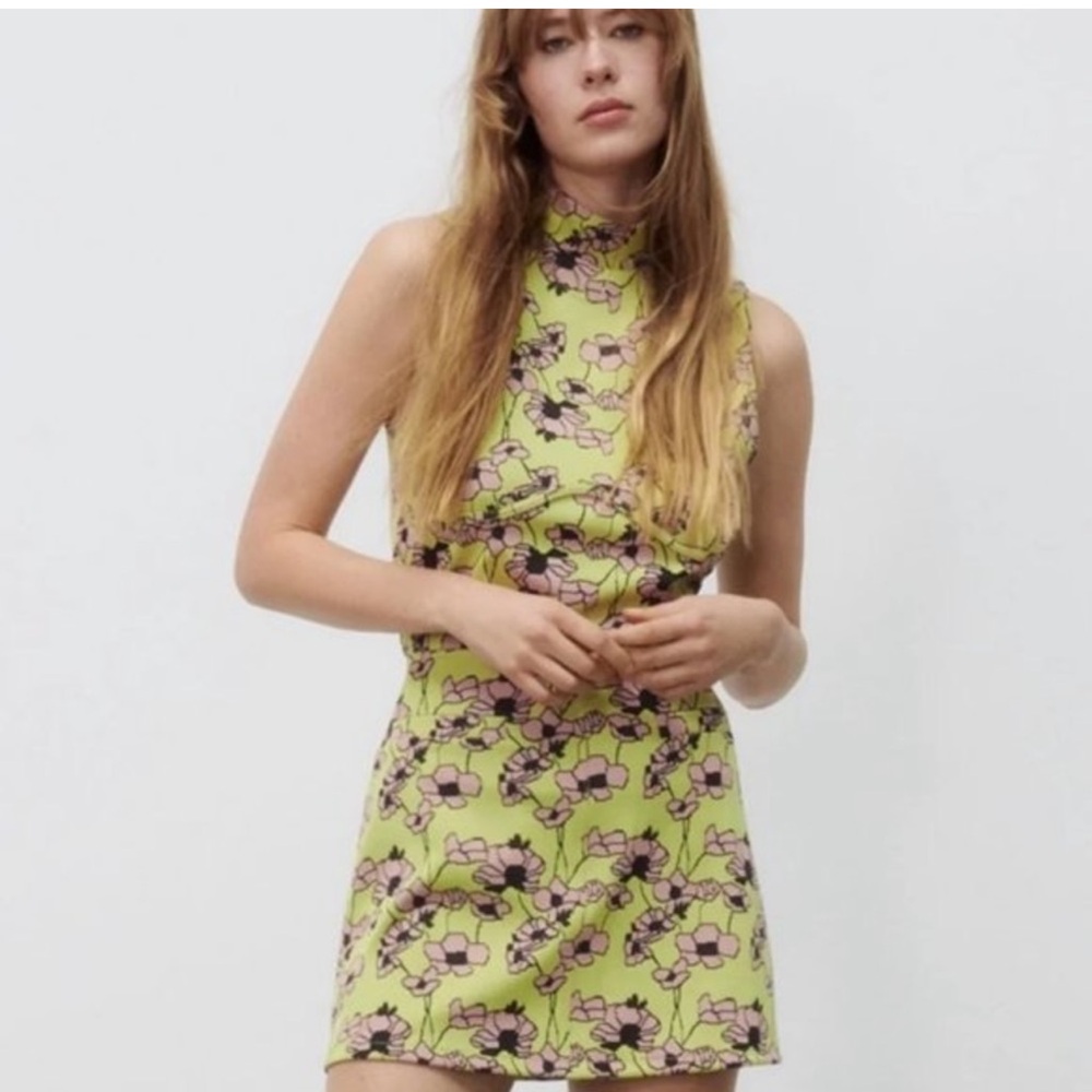 Zara floral jacquard yellow pink black floral print mock neck sleeveless top